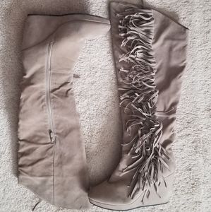 Taupe Tall Wedge Fringe Tassle Boots